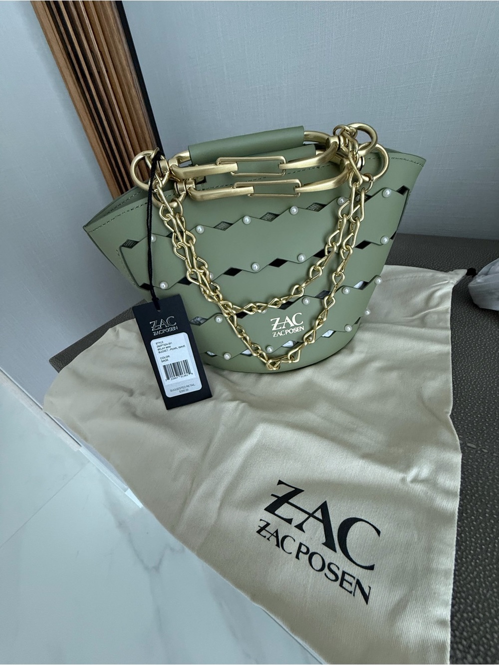 ZAC Zac Posen Olive Green Cutout Bucket Bag with Gold Chain